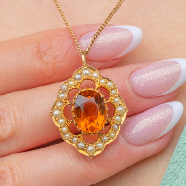 Antique 9ct Gold Madeira Citrine Pearl Cluster Pendant - Image 2