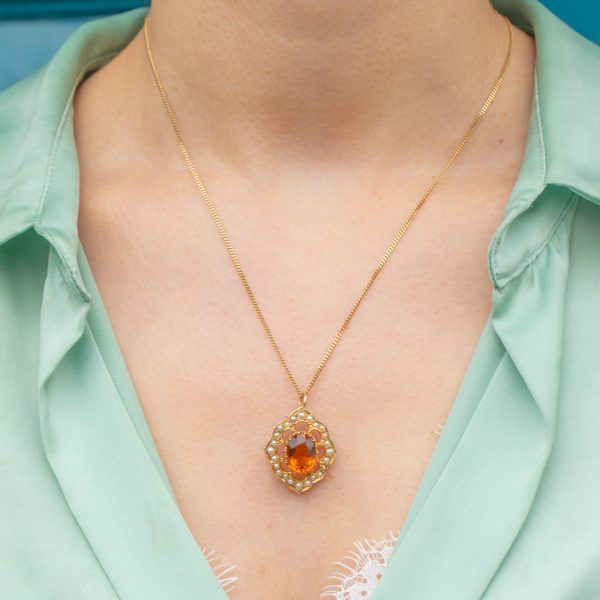 Antique 9ct Gold Madeira Citrine Pearl Cluster Pendant - Image 3