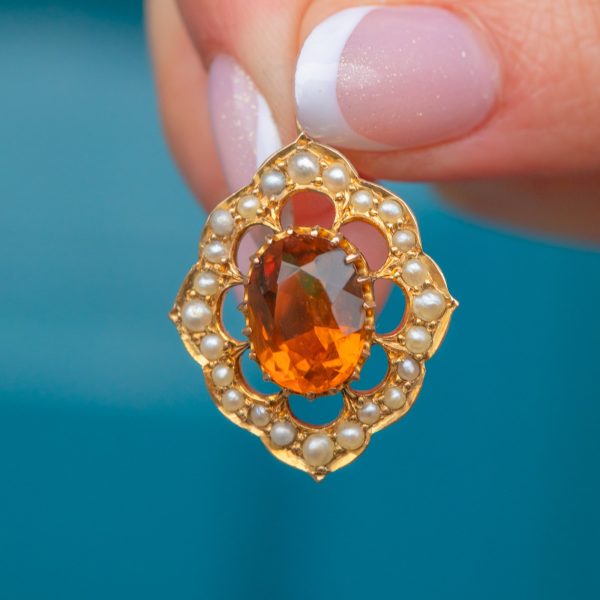 Antique 9ct Gold Madeira Citrine Pearl Cluster Pendant