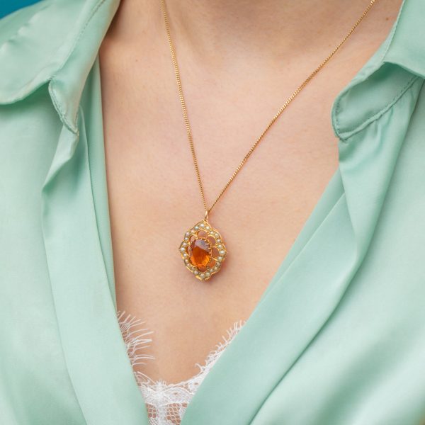Antique 9ct Gold Madeira Citrine Pearl Cluster Pendant - Image 6