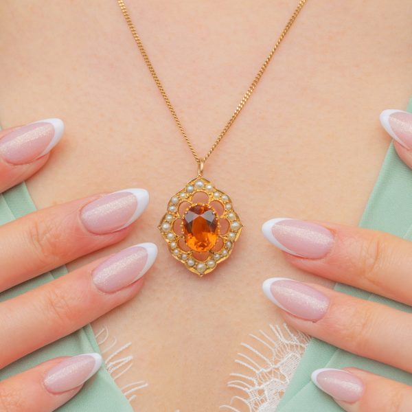 Antique 9ct Gold Madeira Citrine Pearl Cluster Pendant - Image 4