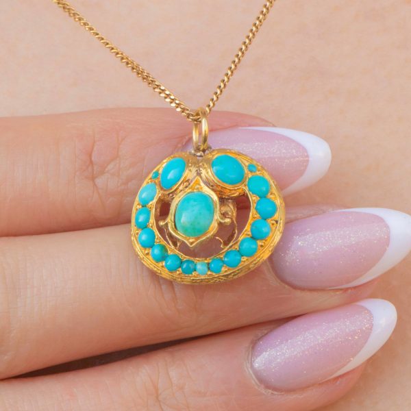 Victorian 18ct Gold Engraved Turquoise Cluster Pendant - Image 3