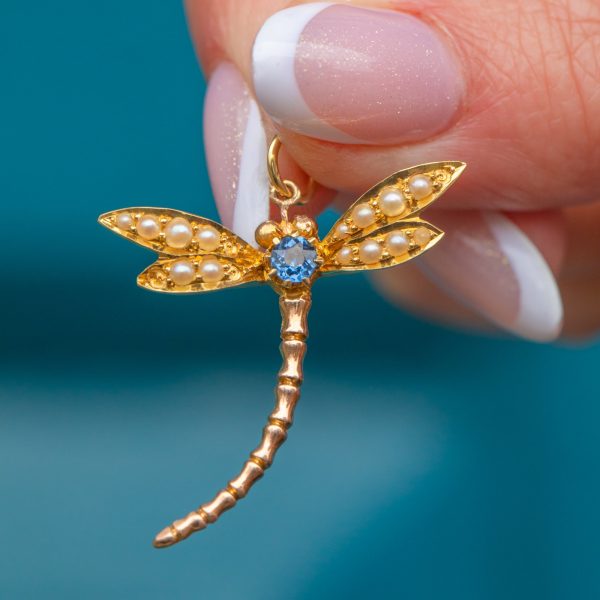 Victorian 18ct Gold Sapphire Pearl Dragonfly Pendant