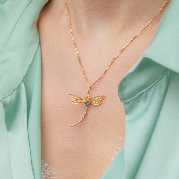 Victorian 18ct Gold Sapphire Pearl Dragonfly Pendant - Image 5