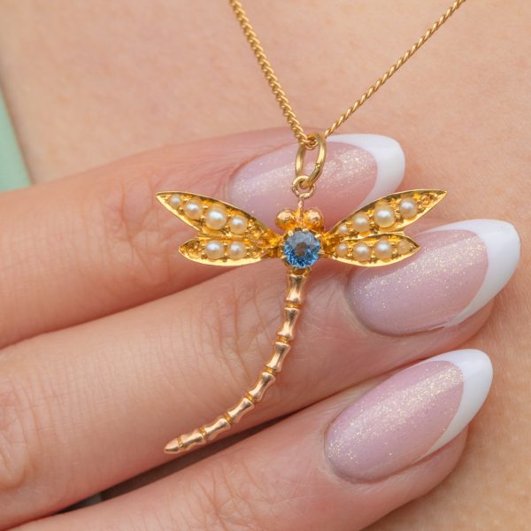 Victorian 18ct Gold Sapphire Pearl Dragonfly Pendant - Image 2
