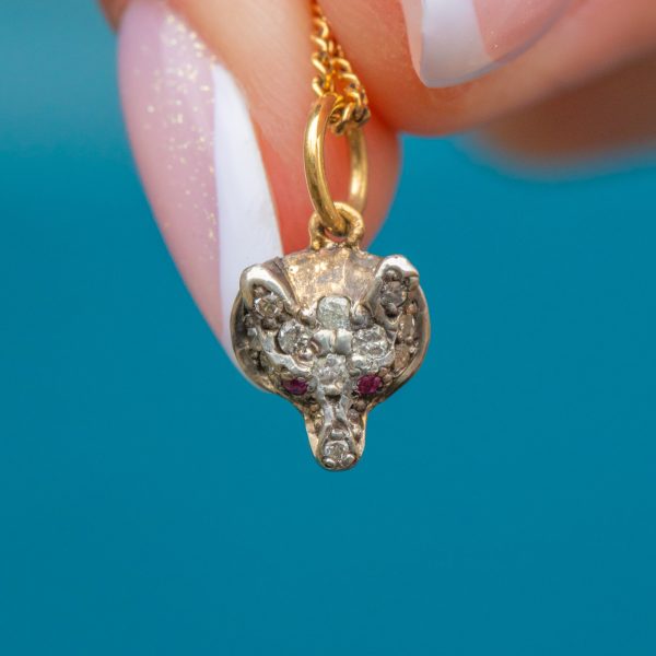 Antique Diamond Fox Head Charm- Ruby Eyes!