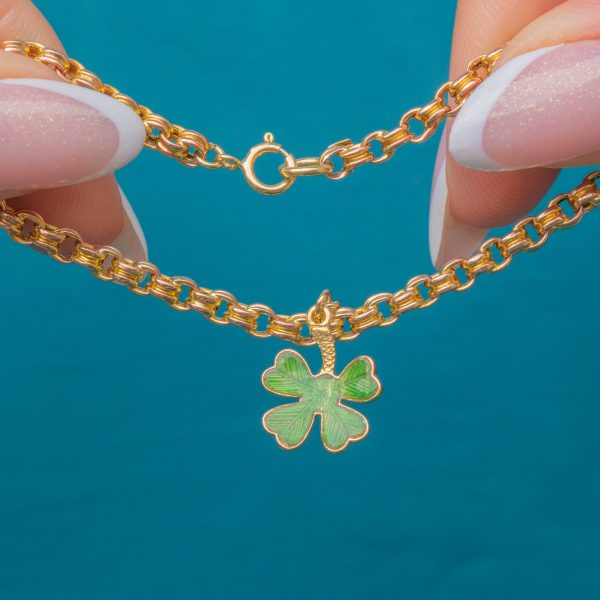 9ct Gold Double Belcher Bracelet, Four Leaf Clover Charm - Image 4