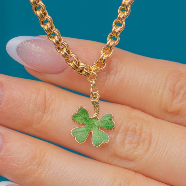 9ct Gold Double Belcher Bracelet, Four Leaf Clover Charm