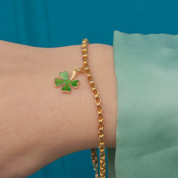 9ct Gold Double Belcher Bracelet, Four Leaf Clover Charm - Image 7