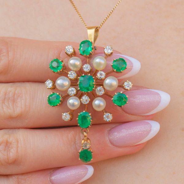 Antique 18ct Gold Emerald Diamond Pearl Cluster Pendant, 1.80ct Emeralds - Image 3