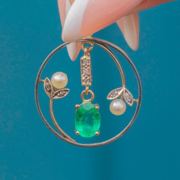Edwardian 15ct Gold Emerald Diamond Flower Pendant, 0.46ct Emerald