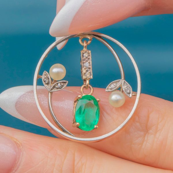 Edwardian 15ct Gold Emerald Diamond Flower Pendant, 0.46ct Emerald - Image 4