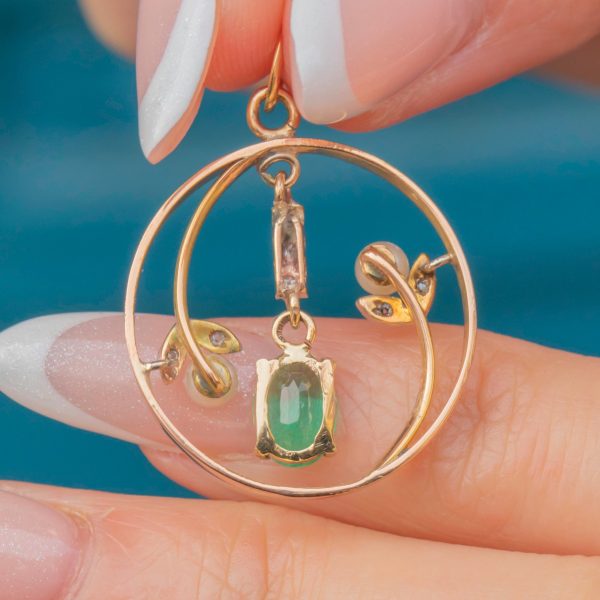 Edwardian 15ct Gold Emerald Diamond Flower Pendant, 0.46ct Emerald - Image 5