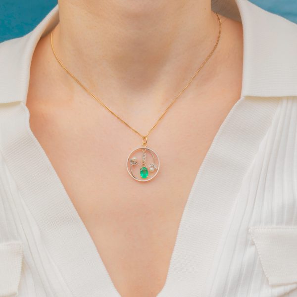 Edwardian 15ct Gold Emerald Diamond Flower Pendant, 0.46ct Emerald - Image 6