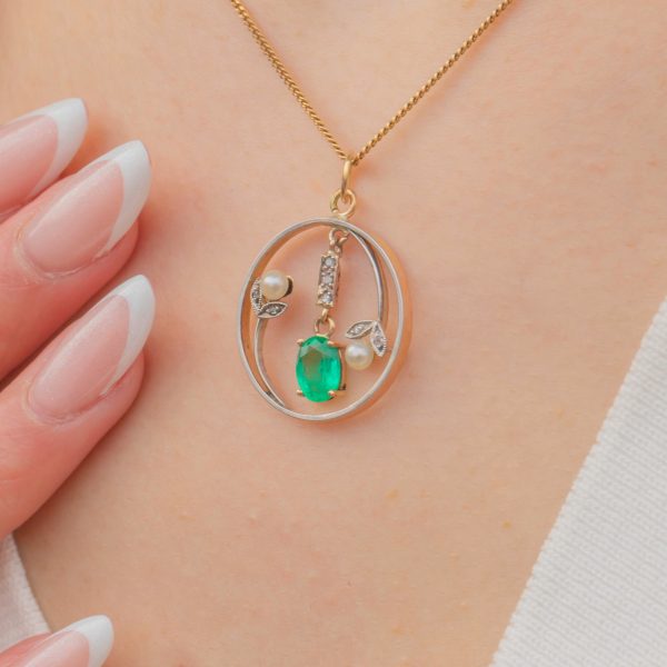 Edwardian 15ct Gold Emerald Diamond Flower Pendant, 0.46ct Emerald - Image 7