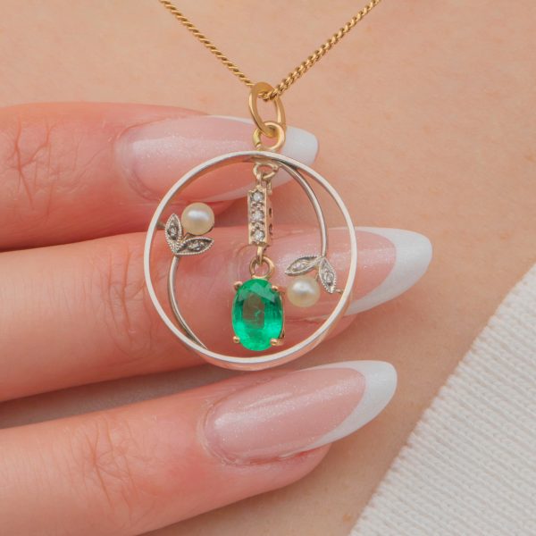 Edwardian 15ct Gold Emerald Diamond Flower Pendant, 0.46ct Emerald - Image 2