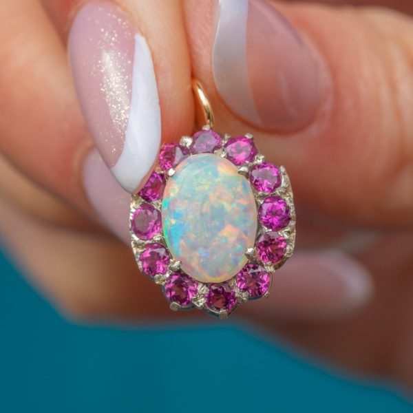 9ct Gold Opal Rhodolite Garnet Cluster Charm, 0.78ct Opal